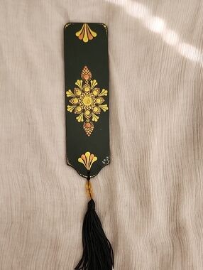 Hand-Painted Black Bookmark with Yellow Floral Design and Tassel